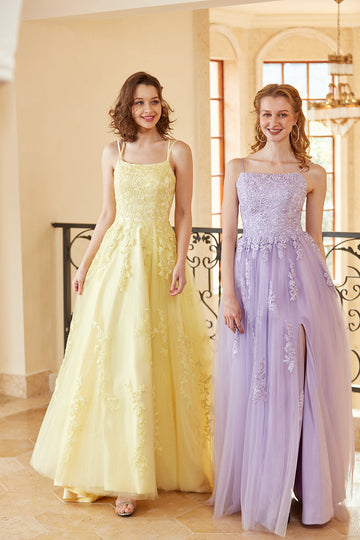 Charming A Line Spaghetti Straps Light Purple Long Formal Dress with Appliques